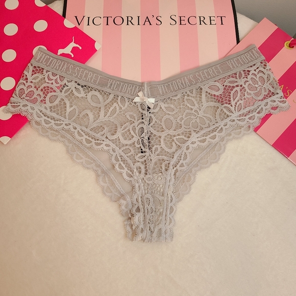 VS Very Sexy Sheer Lace Logo Waist Cheeky Panty Size Lg Gray - Picture 1 of 6
